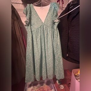 Green Ruffled Mini Sundress with Flutter Sleeves